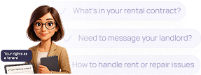 Ellie holding a folder, with three chat bubbles listing tenant rights.